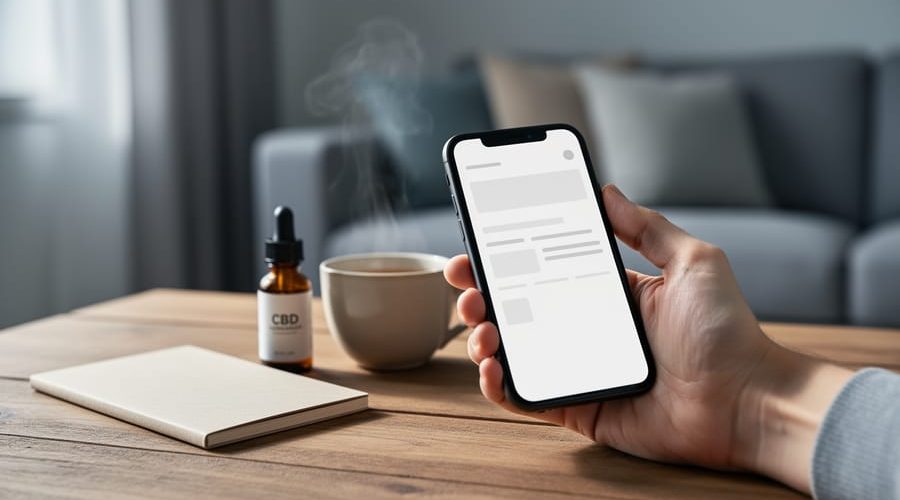 Close-up of a hand holding a smartphone for daily tracking beside a notebook, with a CBD dropper bottle and tea on a wooden desk in soft natural light.
