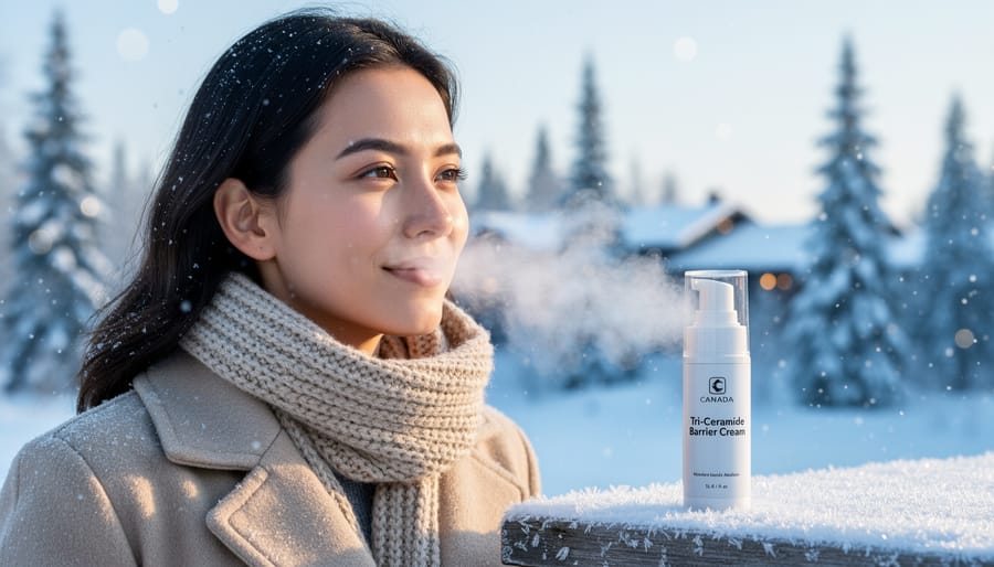 CBD skincare bottle and moisturizer on a countertop with frosty winter window light in the background