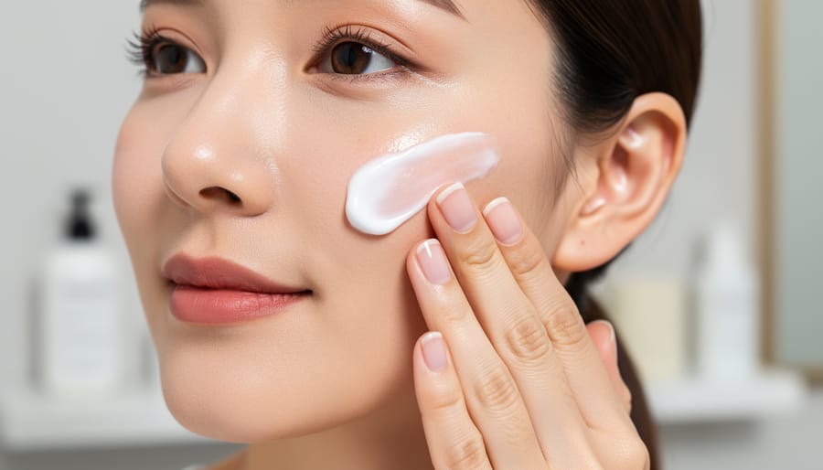 Hand applying a creamy ceramide skincare product to the forearm