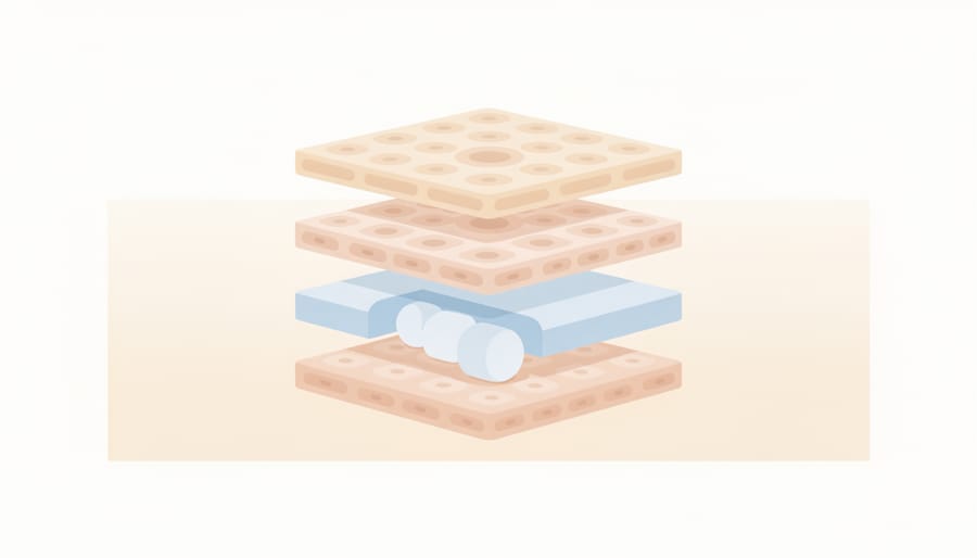 Three differently textured ceramic tiles stacked to represent complementary barrier support