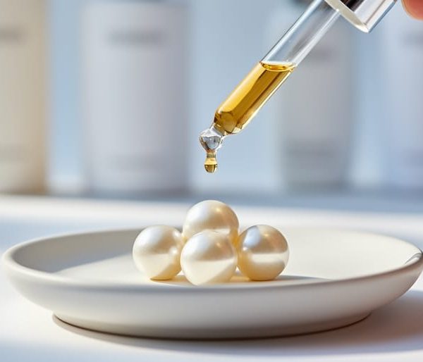 Close-up of a skincare dropper releasing a golden drop next to three pearl-like spheres representing a tri-ceramide complex on a clean ceramic surface.