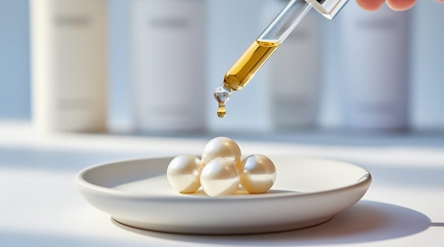 Close-up of a skincare dropper releasing a golden drop next to three pearl-like spheres representing a tri-ceramide complex on a clean ceramic surface.