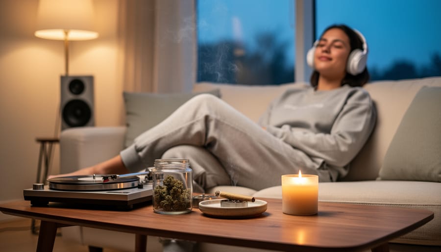 Person relaxing on a couch wearing headphones with a vinyl record playing and a cannabis-infused drink on the table.