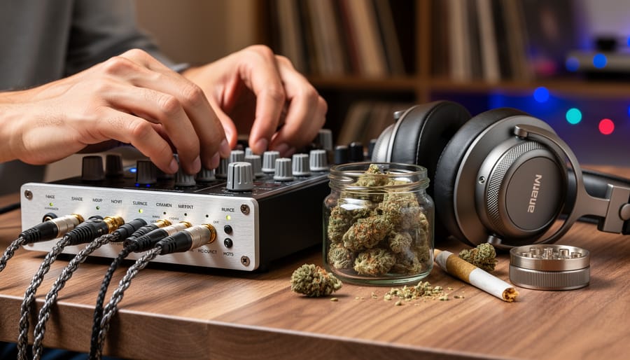 Close-up of studio headphones and cannabis flower with soft highlights and blurred audio equipment in the background.