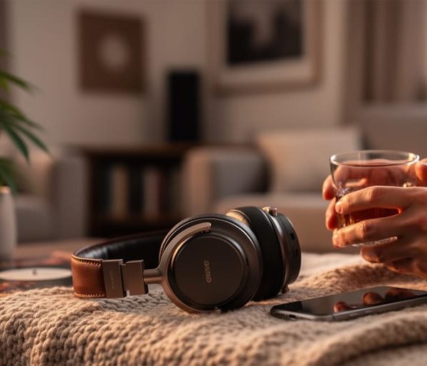Person’s hands relaxing beside over-ear headphones and a small cannabis plant in a cozy living-room listening setup.