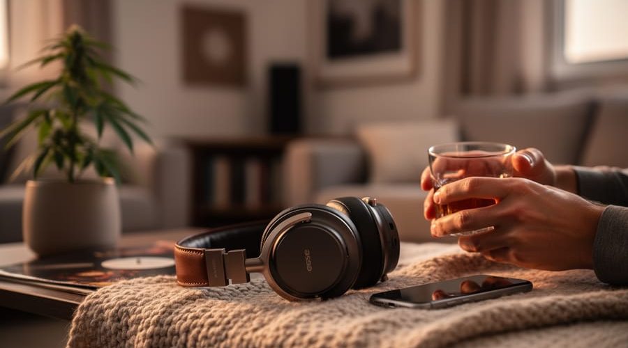 Person’s hands relaxing beside over-ear headphones and a small cannabis plant in a cozy living-room listening setup.