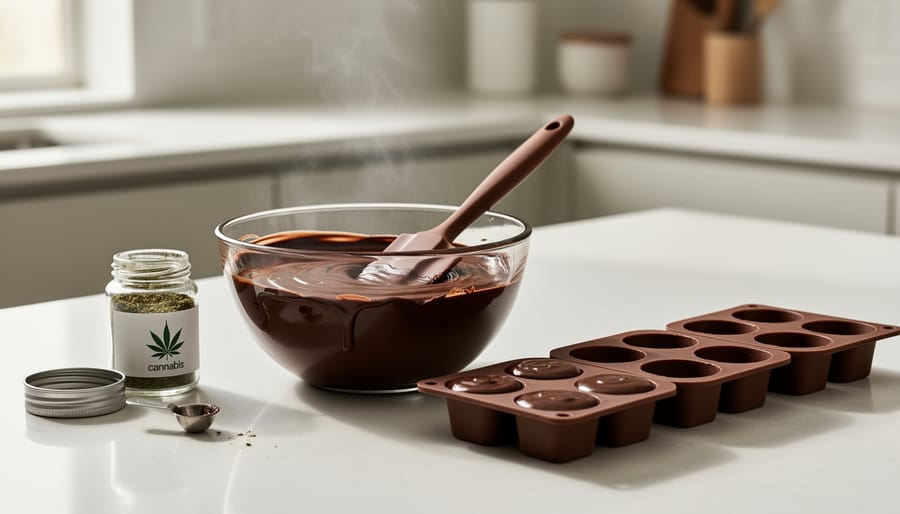 Melting chocolate in a glass bowl beside a silicone mold on a kitchen counter