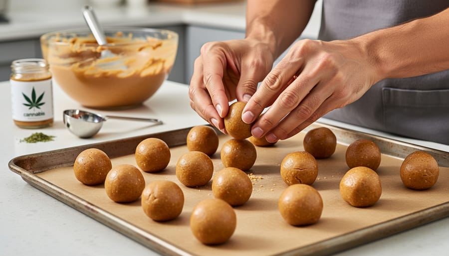 Hands rolling homemade peanut butter balls on a parchment-lined tray