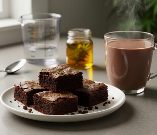Close-up of cannabis brownie squares and a mug of hot chocolate on a kitchen counter with measuring tools and a jar of infused oil nearby.