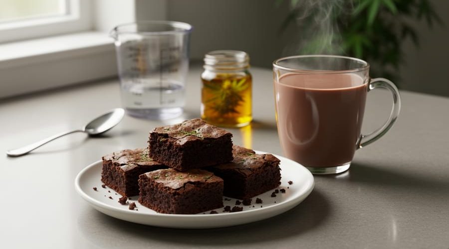 Close-up of cannabis brownie squares and a mug of hot chocolate on a kitchen counter with measuring tools and a jar of infused oil nearby.