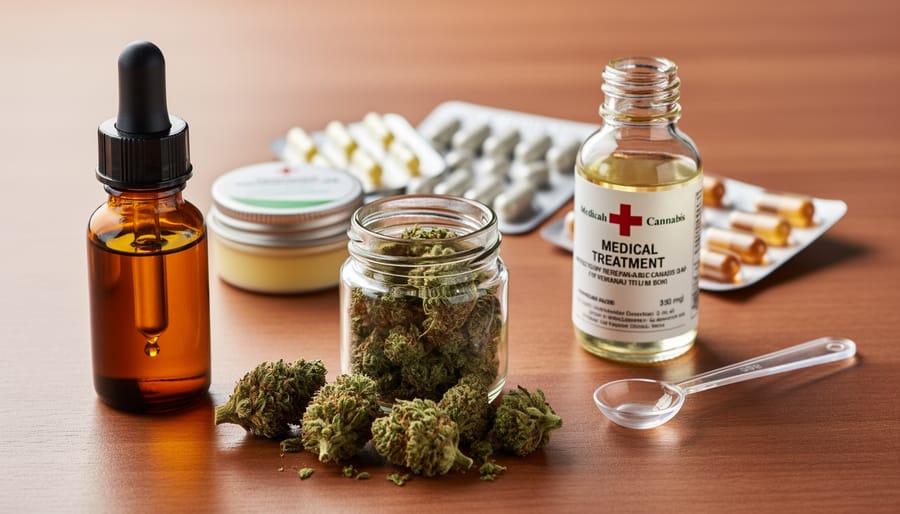 Close-up view of dried cannabis flower and cannabis oil/tincture in dropper-style containers.