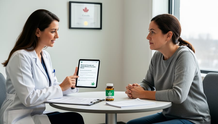 A clinician speaks with a patient in a medical office while reviewing healthcare information.