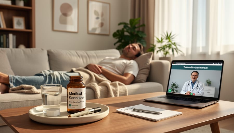 A person relaxing at home with a heating pad, suggesting comfort-focused symptom management.