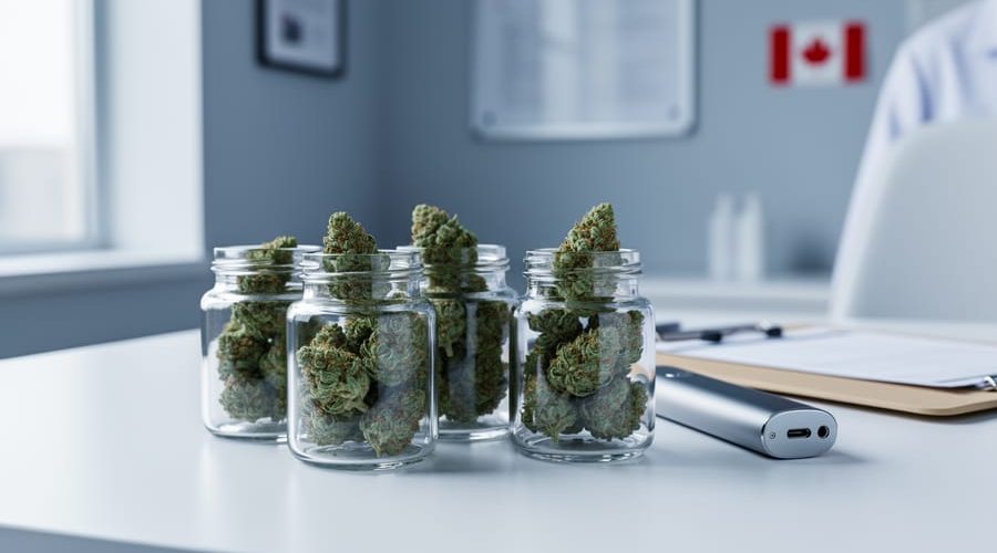 “Glass jars with medical cannabis buds on a desk in a clinic-like setting, with healthcare items softly blurred in the background.”